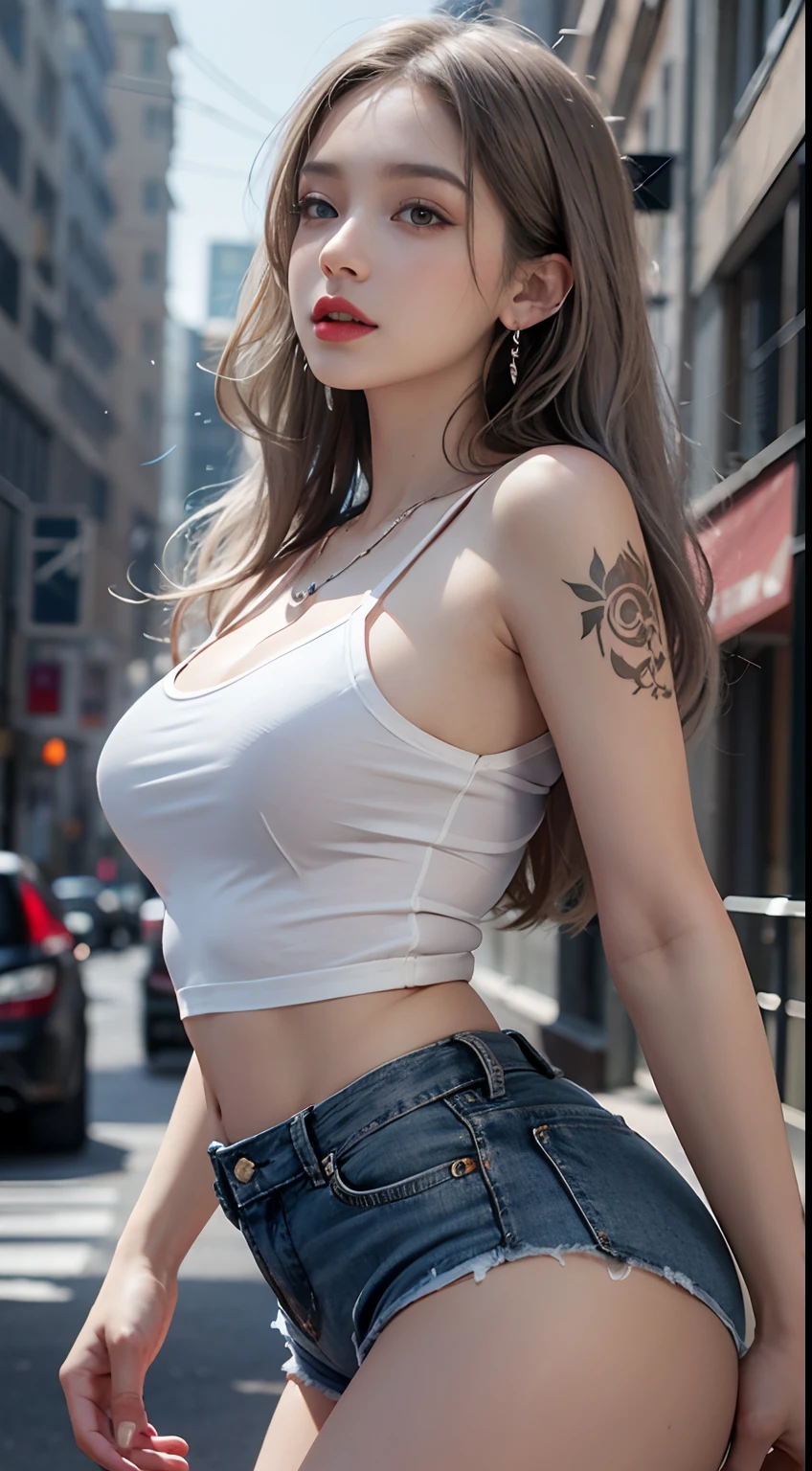 Urban beautiful girl college student, masterpiece, light makeup, red lips, silver hair, messy long hair, street background, beautiful, elegant. Ultra-fine details, master works, real texture, cinematic lighting realism, perfect work, 8k, HD, exquisite facial features, white tight open-cut top, transparent white tight shorts, slim figure, bright big eyes, smooth skin, earrings, necklace, tattoos