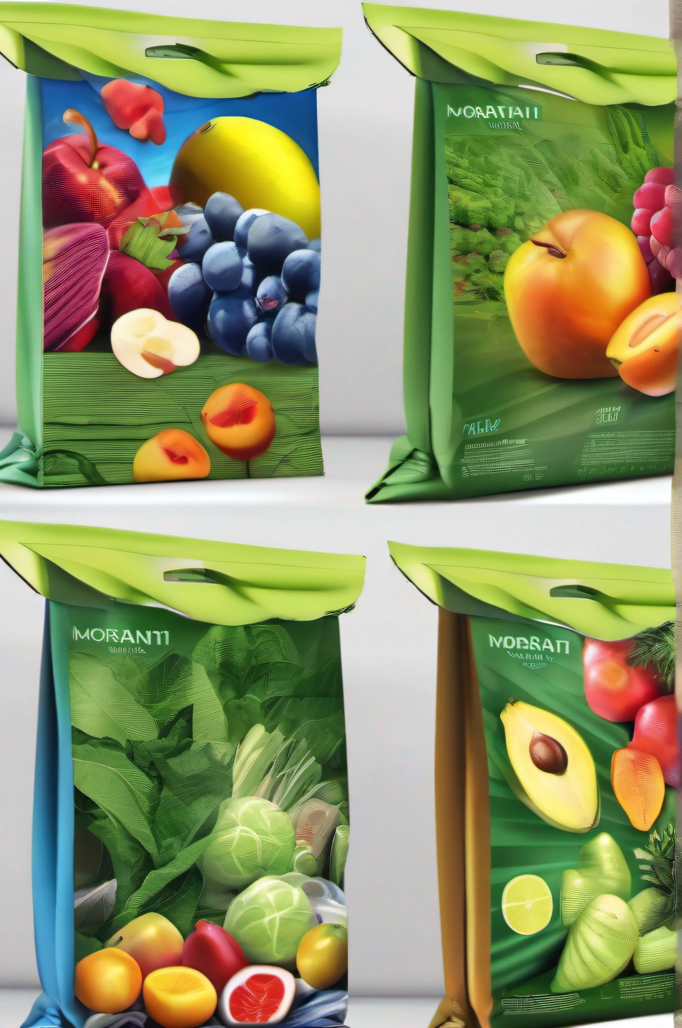 Fertilizer packaging bags, Realiy, solid, There are folded edges, Moranti color scheme, Fruits and vegetables, 3D, Cubism, stereogram, UHD, masterpiece, ccurate, super detail, high details, high quality, highres, best quality, 16k