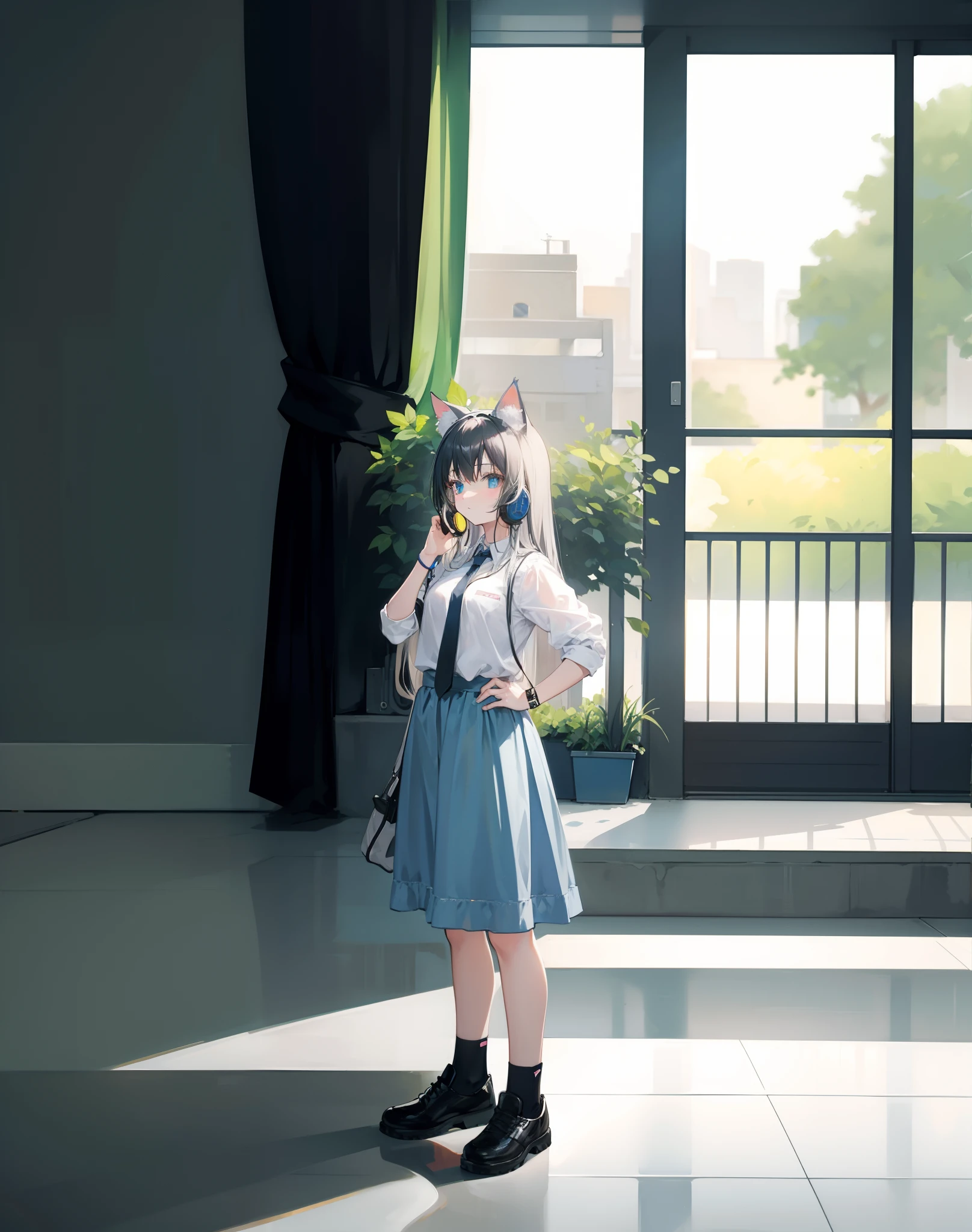 cat ear，with headphone，Girl with long hair and black hair