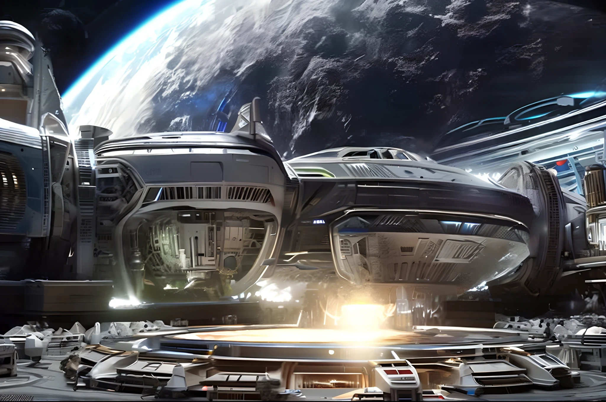 A futuristic complex spaceship is stationary in space, its hull is damaged, robots and astronauts are repairing it, the vast universe is in the background, outstanding details, cinematic footage