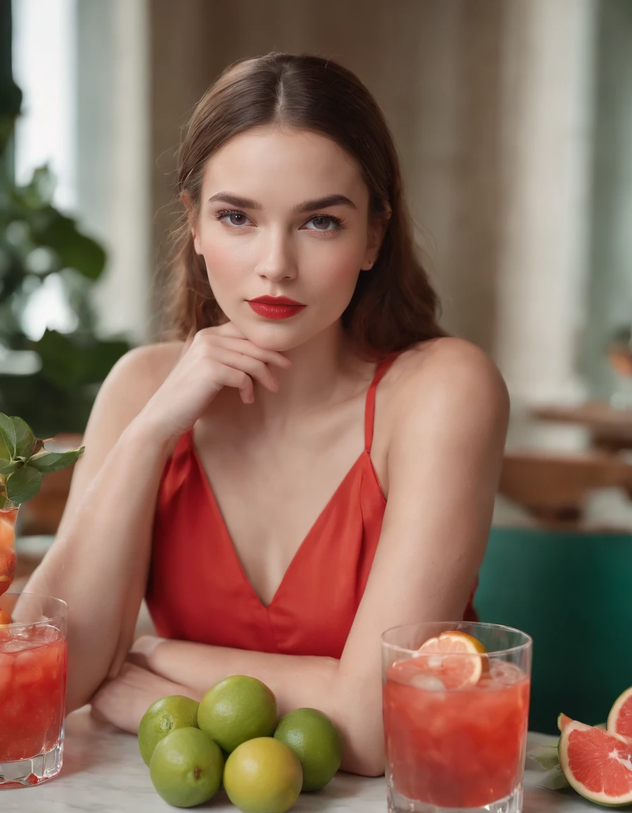 A young woman sits at a table with fruits and cocktails, styled in light red and light emerald colors, humorous image, wimmelbilder, close-up