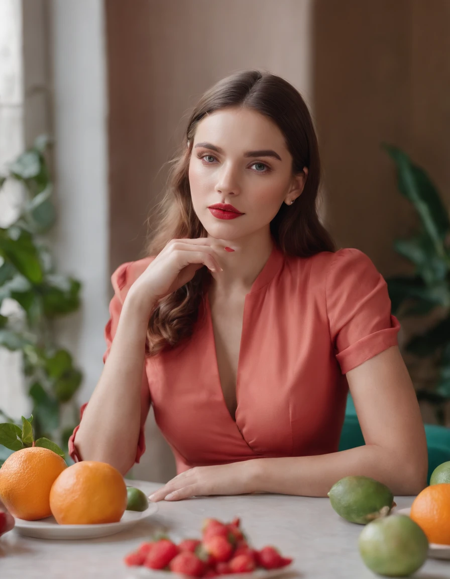 A young woman sits at a table with fruits and cocktails, styled in light red and light emerald colors, humorous image, wimmelbilder, close-up