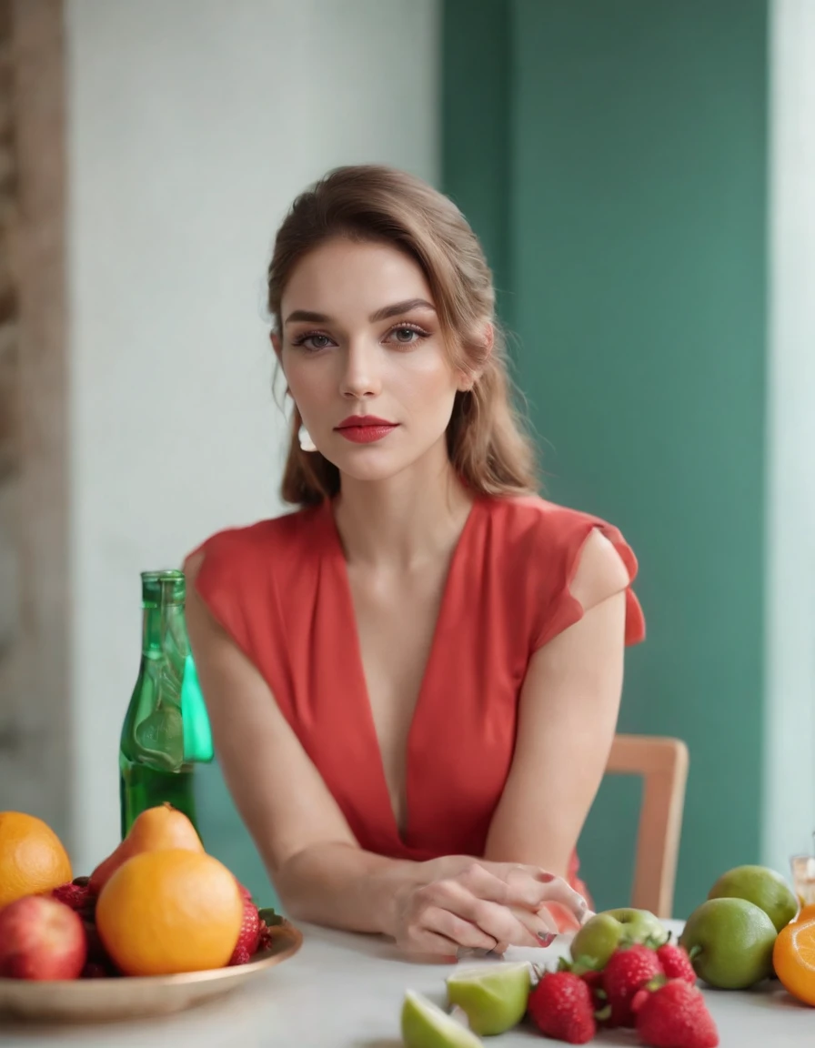 A young woman sits at a table with fruits and cocktails, styled in light red and light emerald colors, humorous image, wimmelbilder, close-up