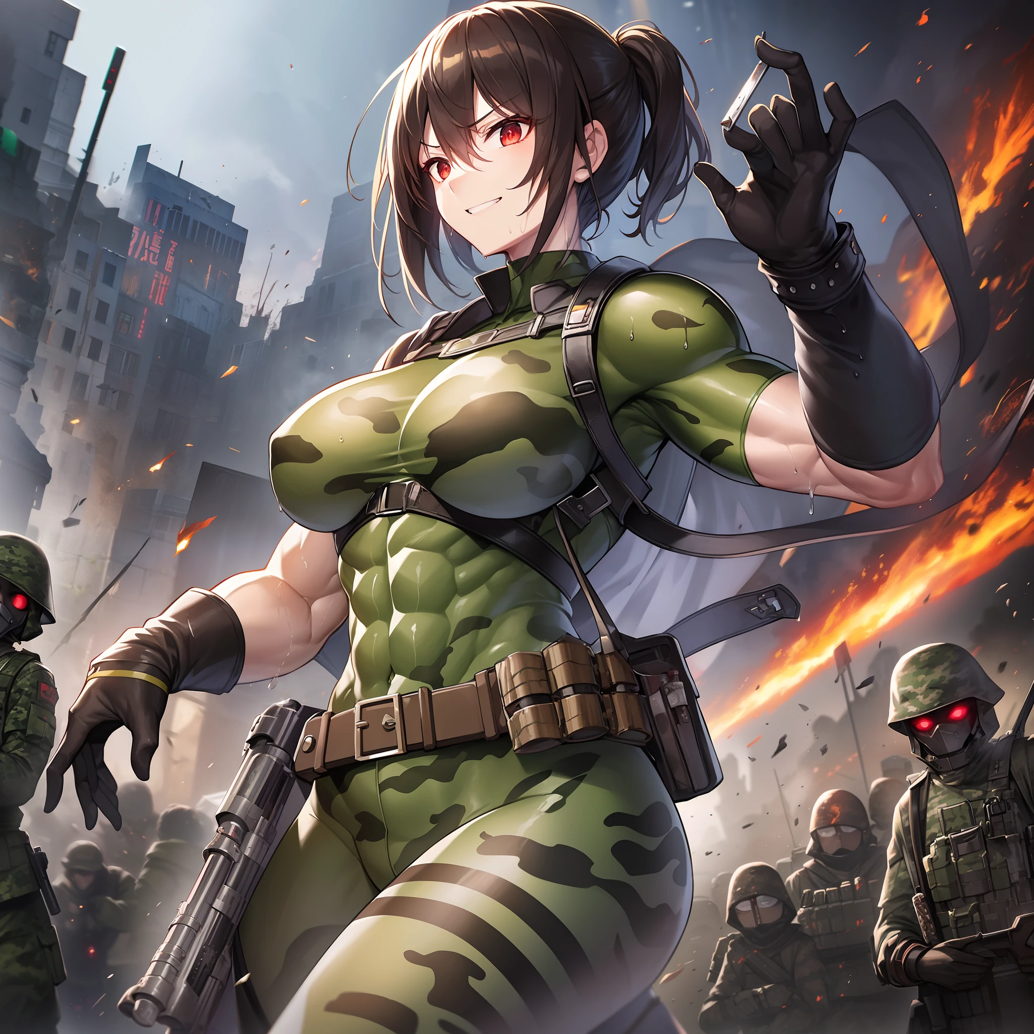 Outrageous resolution、masutepiece++, Best Quality++, ultra-definition++, ultra-definition++, 4K++, in 8K++, Side view, (Background Focus)++, Extremely detailed, Muscular wild big with clearly visible abs and muscles, (Bleeding)++, (Exploding battlefield),（Colossal breasts soldier in green and brown camouflage suit), （（（Wrap dynamite and grenades all over the body）））+++、(Evil), (shiny hair and skin),（Green camouflage suit), short-haired,(Red Eyes), (Asahi), (camouflage uniform)+, ((Muscle Soldier)) +++, Evil, ((Beautiful)), ,Explode on the battlefield,perpetrator, ragged clothes, evil eyes, western architecture, Dark tones, fantasy-inspired, hard disk, Best Quality, game, Wallpaper, dark environment,Belt bag, (battle posture), Lively, cleanshaven, Tight abs, Tomomo with tense muscles, Evil smile, Perfect eyes, Pupils, Perfect hands, Bloody Body, Wild tattoo, Evil atmosphere, (wet effect)+, (light effect), (Cinematic Light)+, (Light cinematic)+