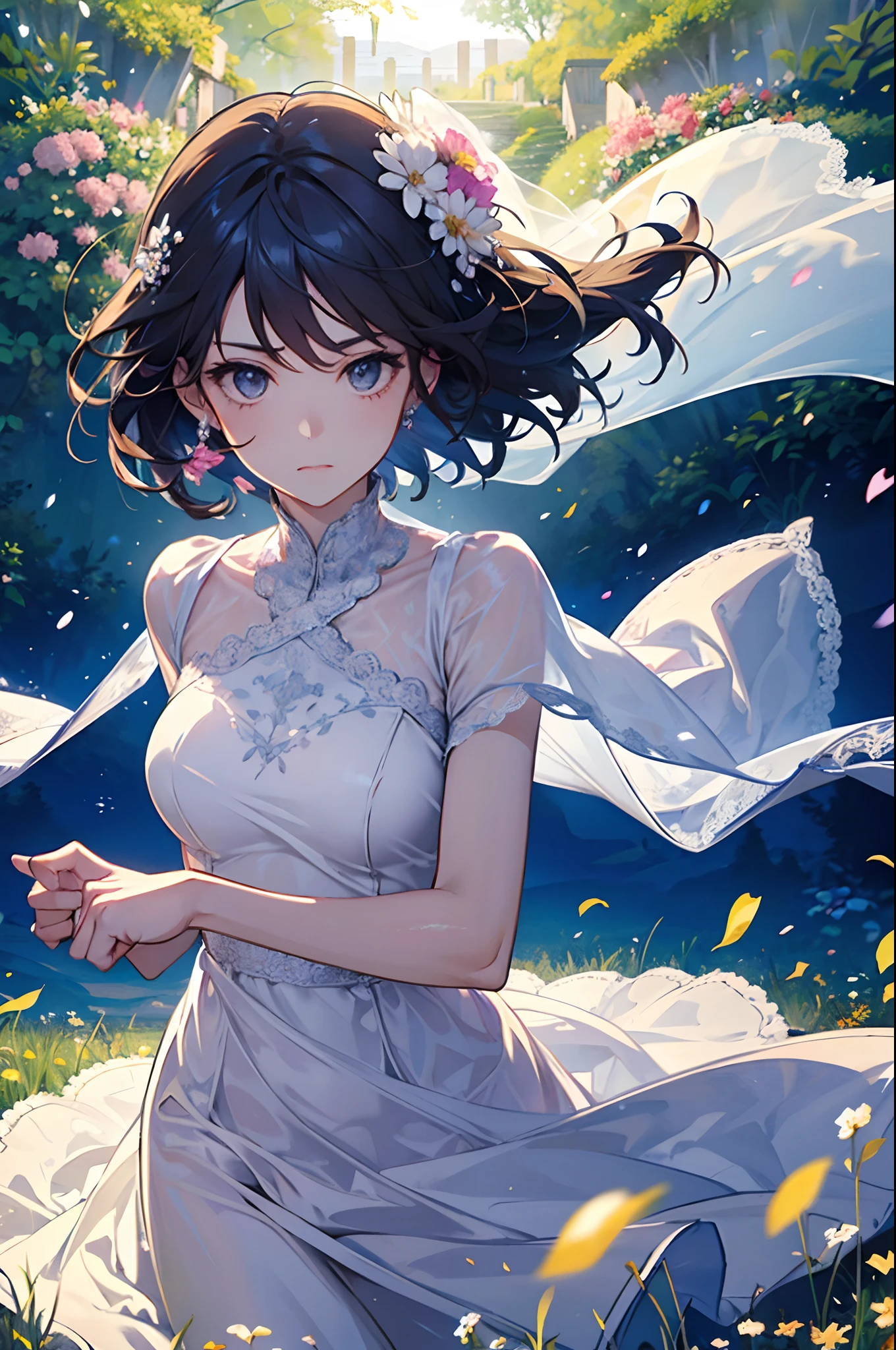 a woman wearing a wedding dress, running, wind, happy, running through a meadow, beautiful lighting, holding dress, sunlight, flowers, petals, flower in hair