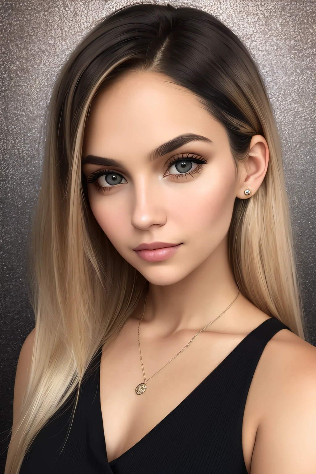 Passport style photo, Aesthetic artwork, a woman, blonde hair, black eyes, straight hair, flushed cheeks, full lips, mischievous gaze, light brown skin, short black dress, sexy build,