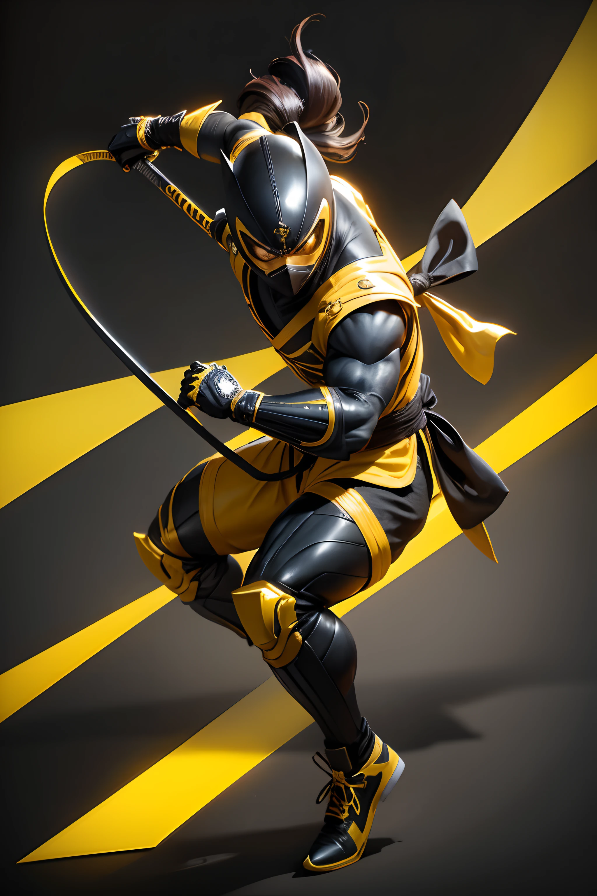 create a yellow ninja power ranger, full body , black background , holding a bow , a bit samurai theme ,