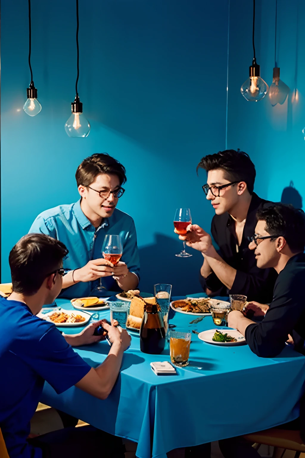 A photo of friends gathering for dinner, Three or four men toasted with glasses(Liquor glasses collide,Chatting)There is liquor on the table,Blue vibe,colorful image,Blue scene atmosphere, color page, a poster, hand painted cartoon art style