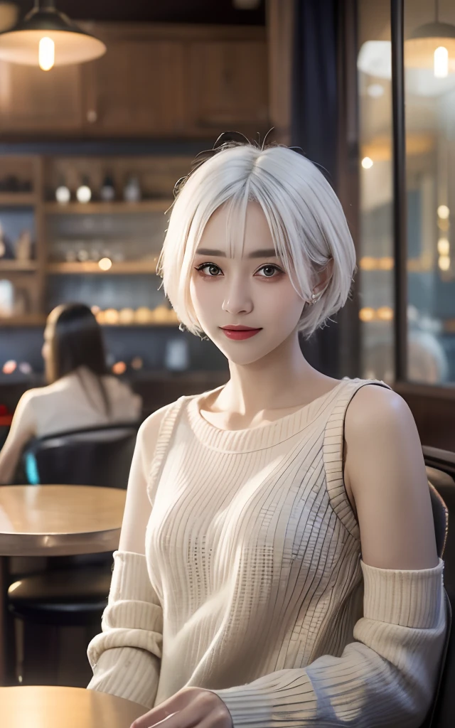 White hair、short-hair、Girls Bar、Beautiful woman drinking alcohol in bar、Night Bar、Dark Bar、Beautiful beauties、The beauty of drinking cocktails、Flashy hair
