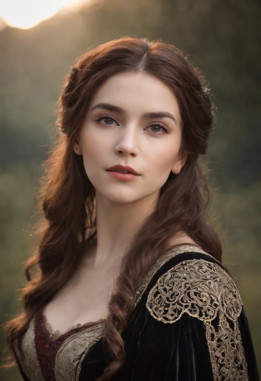 Cinematic portrait, ((upper body)), facing the audience, (Reality :1.3), the world's most beautiful artwork photo, a woman looking into the camera, Gothic costume, detailed beautiful face, action shot, (Intricate :1.4), simple background, global lighting, photorealistic, CG, Art Station