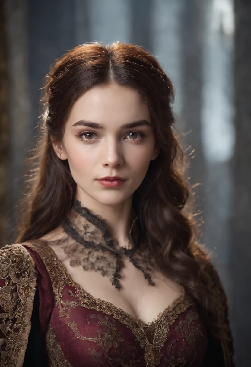 Cinematic portrait, ((upper body)), facing the audience, (Reality :1.3), the world's most beautiful artwork photo, a woman looking into the camera, Gothic costume, detailed beautiful face, action shot, (Intricate :1.4), simple background, global lighting, photorealistic, CG, Art Station