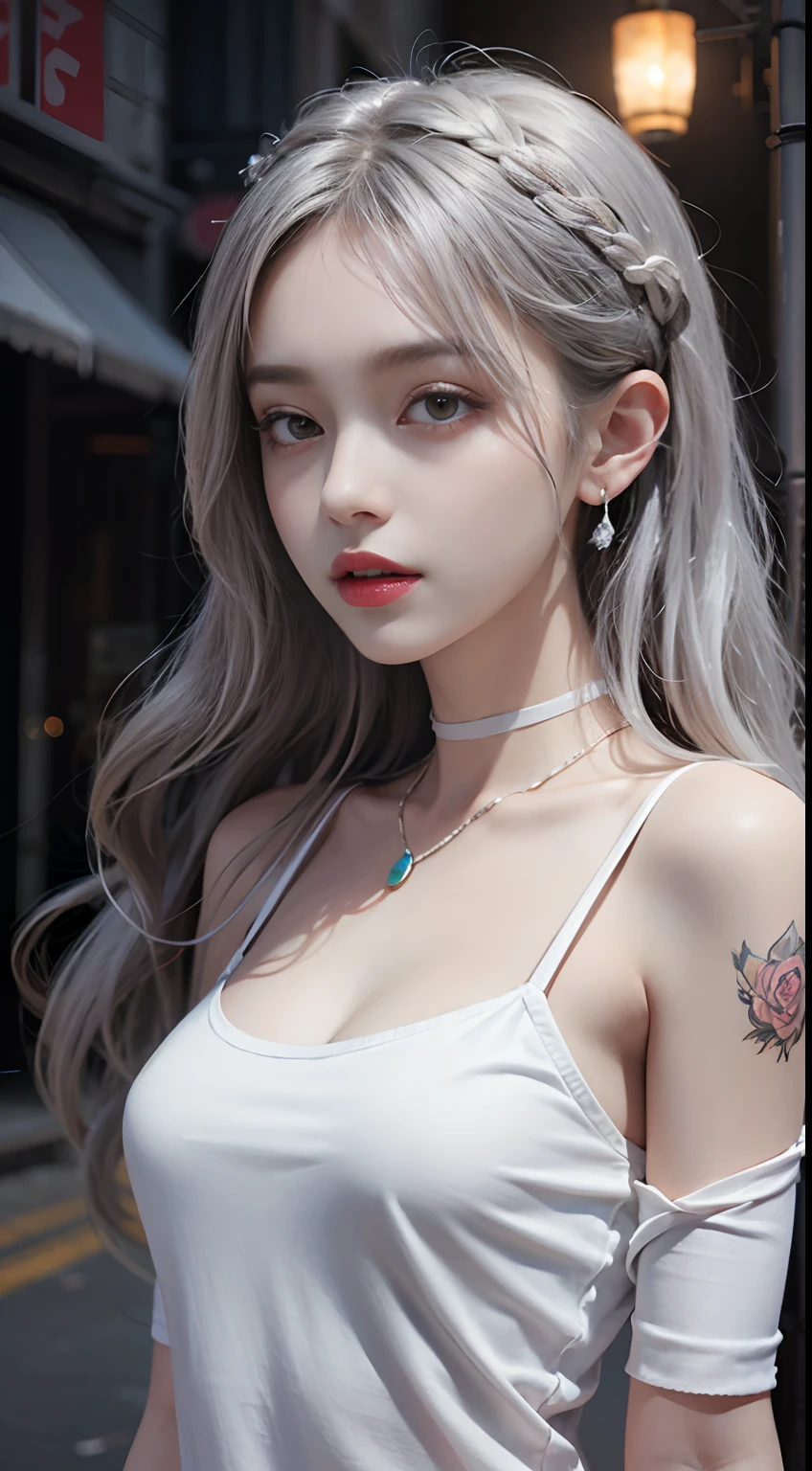 Urban Beautiful Girl College Student,tmasterpiece,Light makeup,Redlip,Silvery hair,Messy long hair,streets background,gracefulness,Elegance。ultra fine detailed,Works of masters,Authentic texture,Cinematic lighting realism,perfect works,8K,k hd,Delicate facial features,White tight open-cut top,White skinny shorts,Slim figure,Big bright eyes,Smooth skin,eardrop,choker necklace,Tattooed with