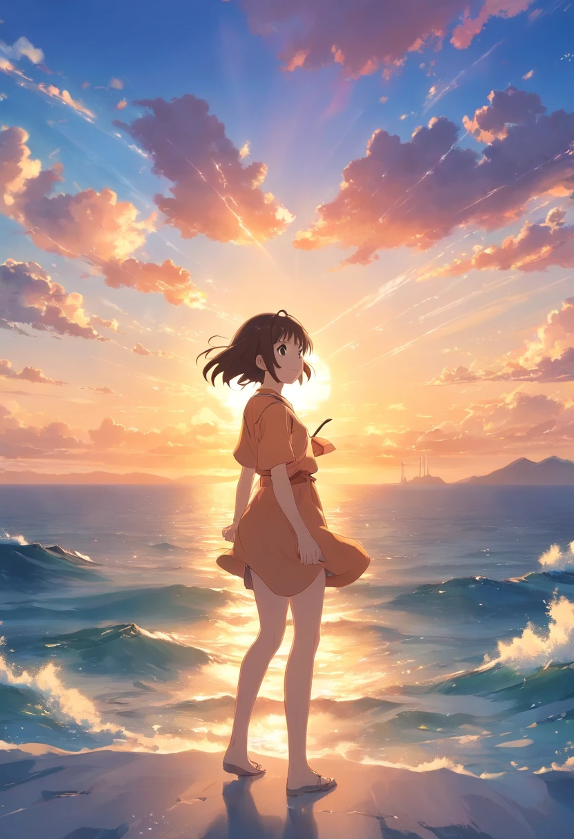tmasterpiece，best qualtiy，cinematic Film still from，1girll，Cloud Girl，Frontal photo，Arms spread wide，ssmile，Floating in the sky，closeup cleavage，brightly，cheerfulness，Warm and soft lighting，the sunset，（spark of light：0.7）