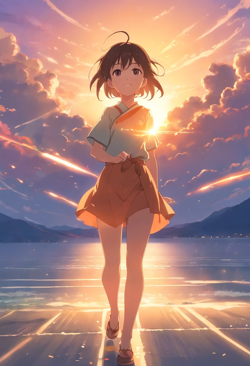 tmasterpiece,best qualtiy,cinematic Film still from,1girll,Cloud Girl,Frontal photo,Arms spread wide,ssmile,Floating in the sky,closeup cleavage,brightly,cheerfulness,Warm and soft lighting,the sunset,(spark of light:0.7)