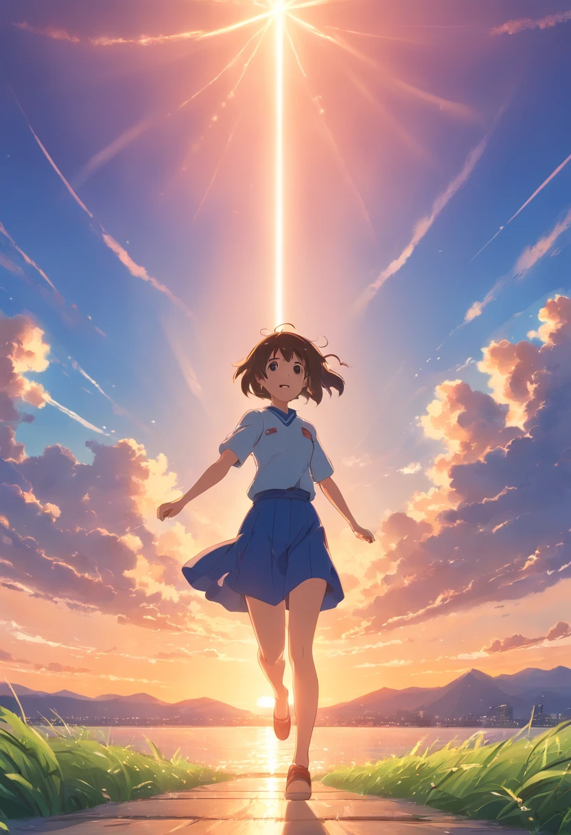 tmasterpiece，best qualtiy，cinematic Film still from，1girll，Cloud Girl，Frontal photo，Arms spread wide，ssmile，Floating in the sky，closeup cleavage，brightly，cheerfulness，Warm and soft lighting，the sunset，（spark of light：0.7）