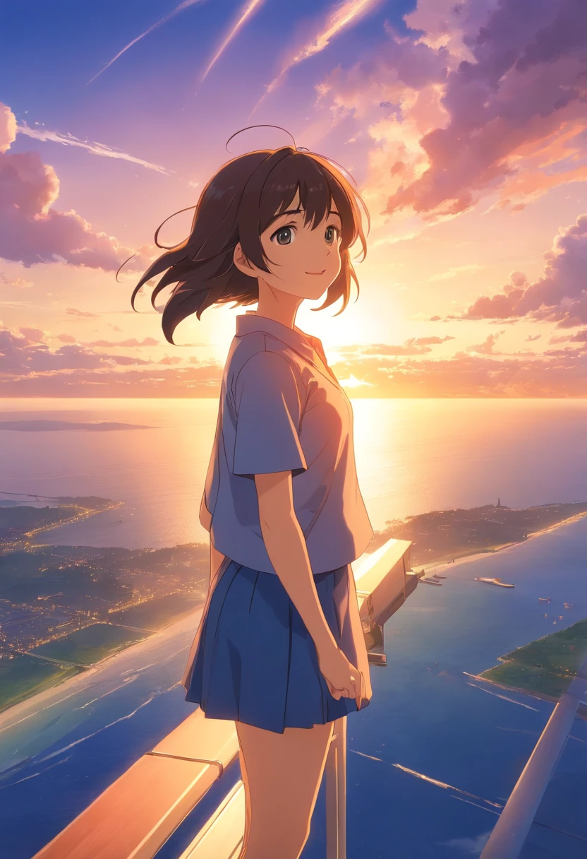 tmasterpiece,best qualtiy,cinematic Film still from,1girll,Cloud Girl,Frontal photo,Arms spread wide,ssmile,Floating in the sky,closeup cleavage,brightly,cheerfulness,Warm and soft lighting,the sunset,(spark of light:0.7)