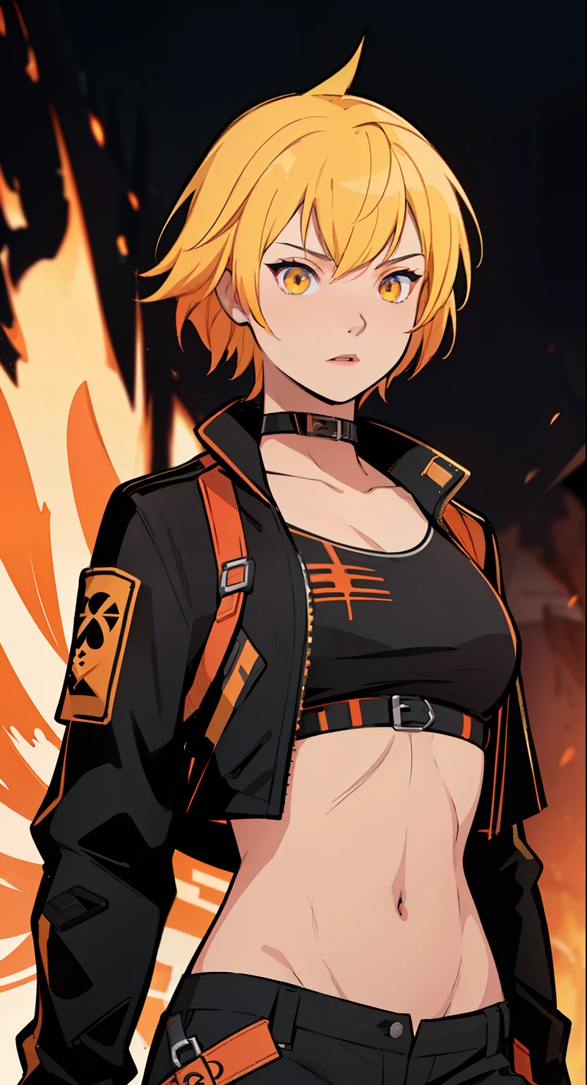 solo, 1girl, (masterpiece), (( appearance)), fire hair, short hair, ahoje, spiky hair, small breasts, yellow eyes, ((detailed eyes)), (simple black cropped), Black jacket with red details, Looking at the screen, orange lipstick, (blurry background), flame effec, visible stomach, oversized black cargo pants, navel, (collarbone)