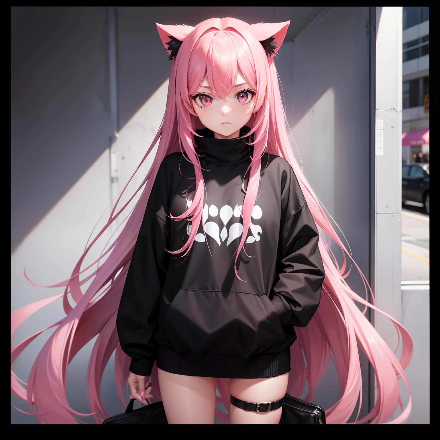 Leader of Runaway Bad Girl, Long Black Jumper, a cool、a miniskirt, Long pink hair, Looking at the viewer, Front view,独奏