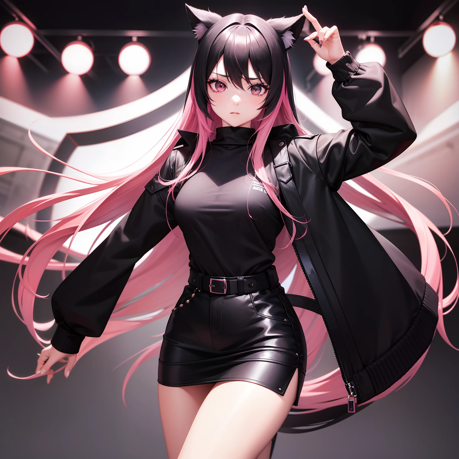 Leader of Runaway Bad Girl, Long Black Jumper, a cool、a miniskirt, Long pink hair, Looking at the viewer, Front view,独奏