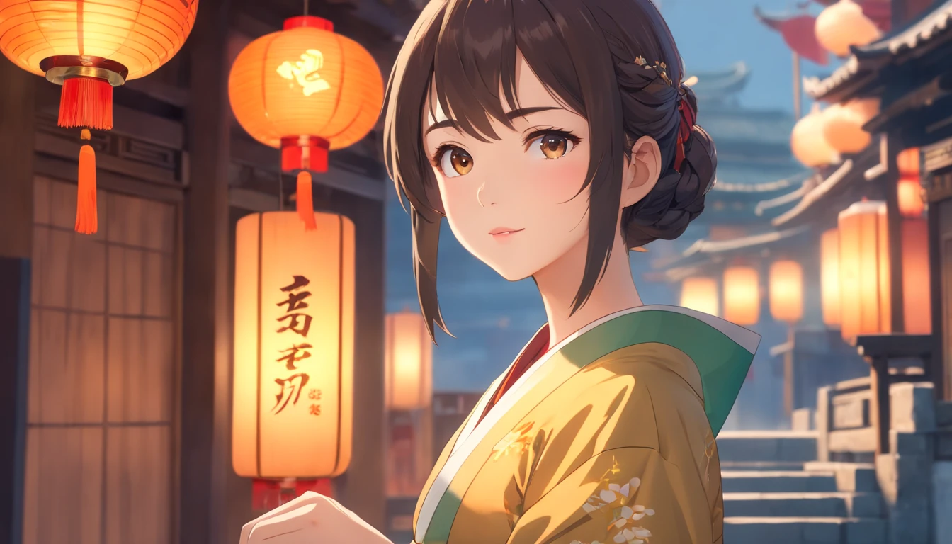 Best Quality, Masterpiece, High Resolution, 1girl, Hanfu, Tang Dynasty Costume, Small, Flat Chest, Collarbone, Off-the-Shoulder Exquisite Face, Realistic, Real People, (High Detail Skin: 1.4), SLR, Soft Light, High Quality, Photo, High Resolution, Background Bokeh, Vintage Street