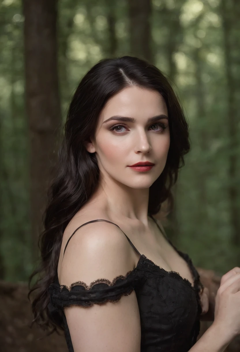 (best quality,4k,8k,highres,masterpiece:1.2),ultra-detailed,(realistic,photorealistic,photo-realistic:1.37),The Witcher: Yennefer of Vengerberg:1.3, upper body, (Black forest background:1.3), (night:1.3), backlight, Game "The Witcher 3" background, UHD wallpaper, (Paired with Canon EF 35mm F/1.4L II USM lens for versatile compositions:1.2)