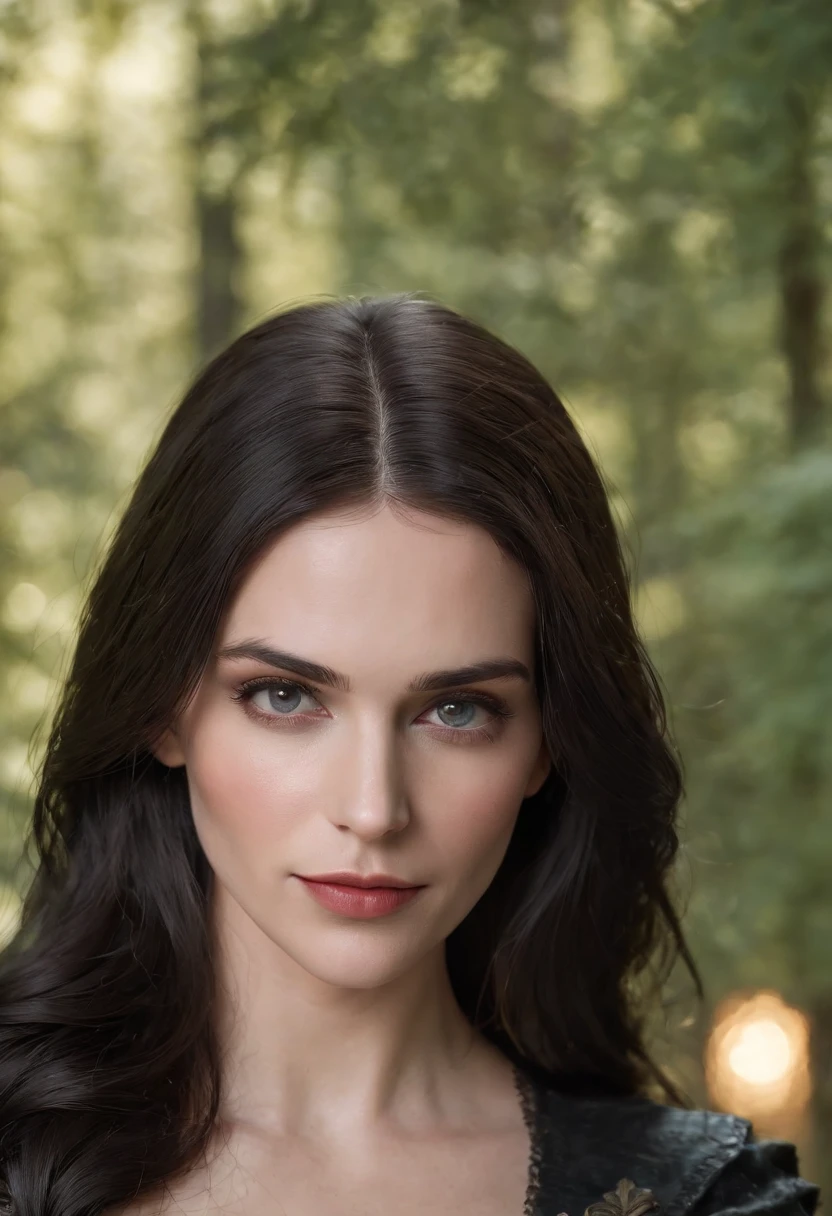 (best quality,4k,8k,highres,masterpiece:1.2),ultra-detailed,(realistic,photorealistic,photo-realistic:1.37),The Witcher: Yennefer of Vengerberg:1.3, upper body, (Black forest background:1.3), (night:1.3), backlight, Game "The Witcher 3" background, UHD wallpaper, (Paired with Canon EF 35mm F/1.4L II USM lens for versatile compositions:1.2)