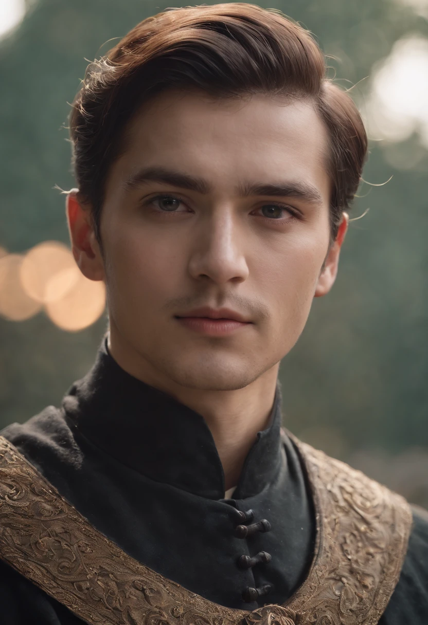 Cinematic portrait, ((upper body)), facing the audience, (Reality :1.3), the world's most beautiful artwork photo, a man looking into the camera, Gothic costume, detailed beautiful face, action shot, (Intricate :1.4), simple background, global lighting, photorealistic, CG, Art Station