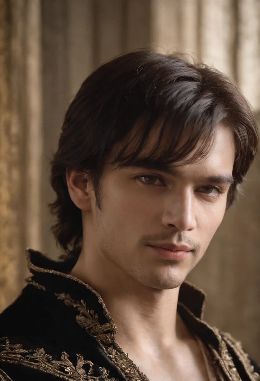 Cinematic portrait, ((upper body)), facing the audience, (Reality :1.3), the world's most beautiful artwork photo, a man looking into the camera, Gothic costume, detailed beautiful face, action shot, (Intricate :1.4), simple background, global lighting, photorealistic, CG, Art Station