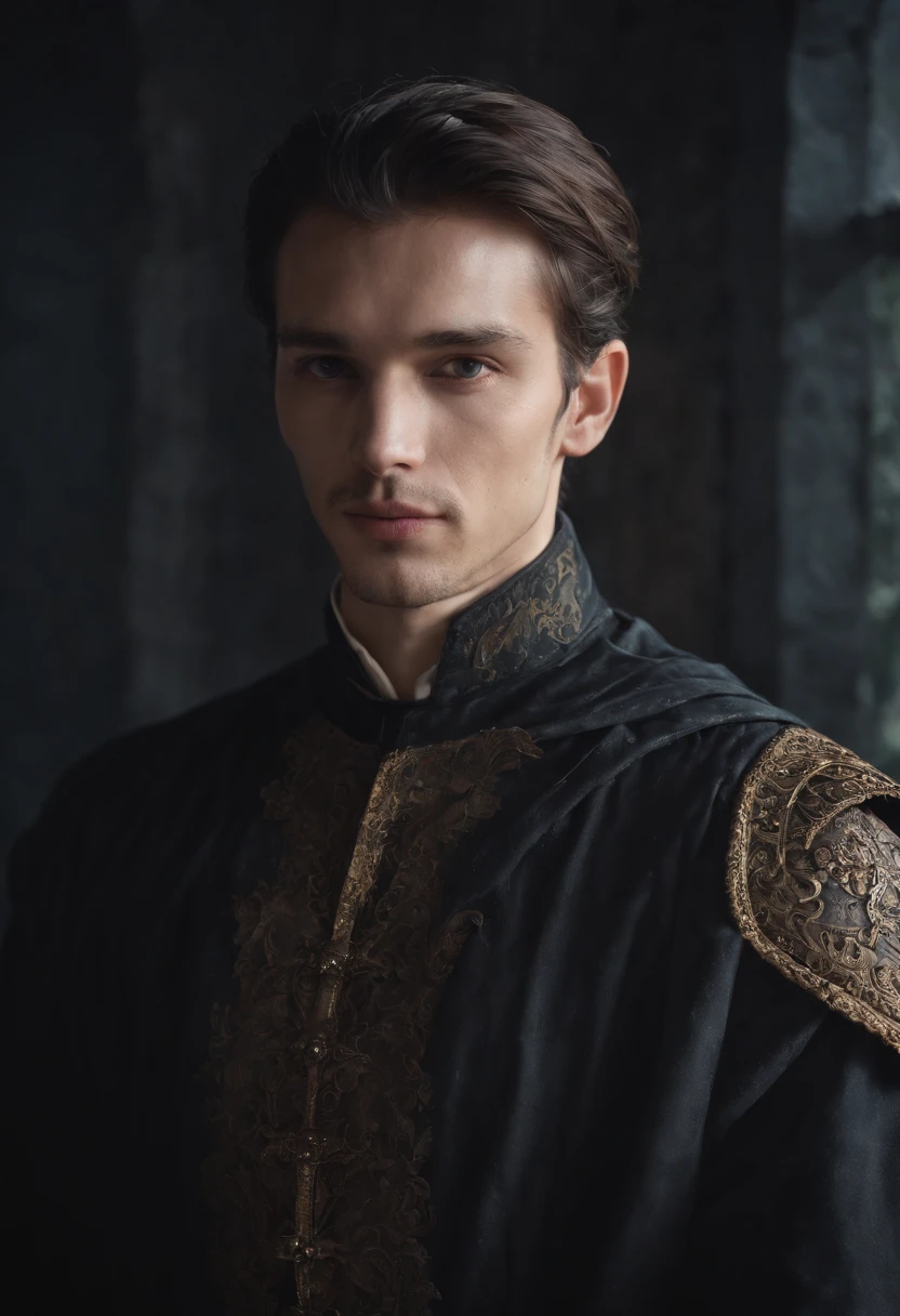 Cinematic portrait, ((upper body)), facing the audience, (Reality :1.3), the world's most beautiful artwork photo, a man looking into the camera, Gothic costume, detailed beautiful face, action shot, (Intricate :1.4), simple background, global lighting, photorealistic, CG, Art Station