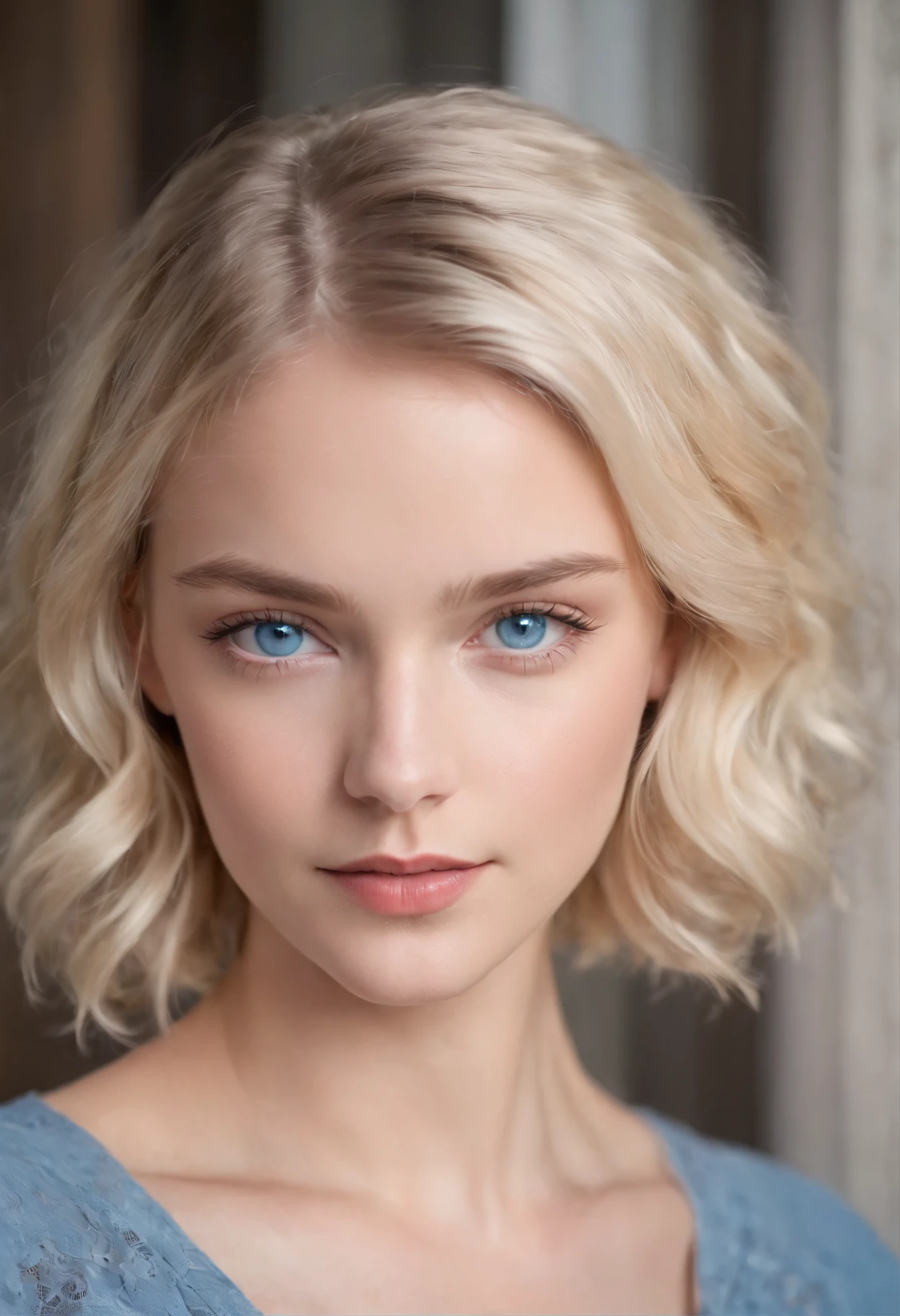 (Masterpiece), (best quality), (realistic), (Beautiful+(feminine)+((lovely))+innocent), Blonde short curly hair, (crystal blue eyes), beautiful eyes, almond eyes, happy eyes, 40 years, (feminine curves), (round cheeks), dimples, rounded chin, (adoration expression), small nose, 160cm, smiling, red lips, wearing a beautiful strapless dress, headshot