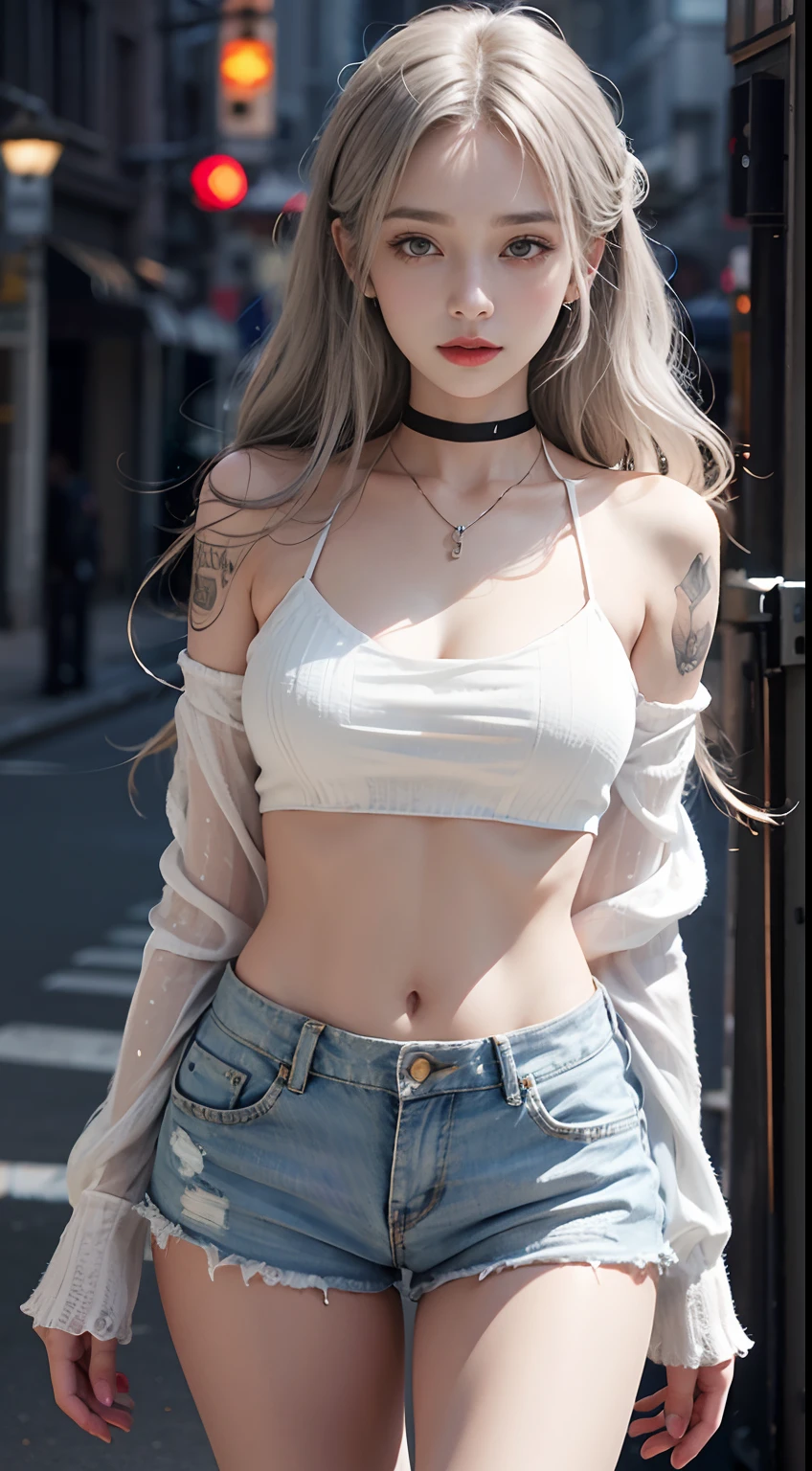 Urban Beautiful Girl College Student,tmasterpiece,Light makeup,Redlip,Silvery hair,Messy long hair,streets background,gracefulness,Elegance。ultra fine detailed,Works of masters,Authentic texture,Cinematic lighting realism,perfect works,8K,k hd,Delicate facial features,White tight open-cut top,White skinny shorts,Slim figure,Big bright eyes,Smooth skin,eardrop,choker necklace,Tattooed with