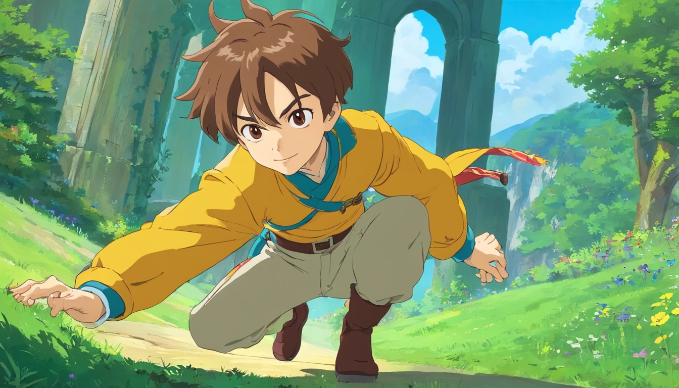 Name: Jakob

Description:
Jakob is an anime character with a charming and adventurous personality. He has brown hair that falls just below his ears and bright, expressive eyes. Jakob is always seen wearing a vibrant yellow outfit that perfectly complements his energetic nature. The outfit consists of a stylish, form-fitting yellow jacket with black trimmings and matching yellow pants. He also wears a pair of sturdy brown boots that are perfect for his outdoor escapades.

Pose 1: Standing confidently
In this pose, Jakob stands tall with his feet slightly apart. His arms are relaxed by his sides, and he has a confident smile on his face. His eyes are filled with determination, ready to take on any challenge that comes his way.

Pose 2: Running
This dynamic pose captures Jakob in mid-run. His body leans forward, showcasing his agility and speed. His arms are bent at the elbows, with one arm extended forward and the other extended backward. The wind ruffles his hair as he dashes towards his next adventure.

Pose 3: Sword wielding
In this pose, Jakob demonstrates his expertise in swordsmanship. He holds a gleaming silver sword with both hands, with one arm extended forward and the other slightly bent at his side. His stance exudes confidence and readiness for combat, with his eyes focused and determined.

Pose 4: Thinking
This pose shows Jakob deep in thought, contemplating his next move. He stands with one hand on his chin, his brow slightly furrowed. His eyes gaze into the distance, reflecting his intelligence and strategizing nature. This pose captures Jakob's analytical side, as he carefully plans his actions.

Pose 5: Jumping
This dynamic and playful pose showcases Jakob's adventurous spirit. He leaps into the air with his arms extended upward, capturing the feeling of freedom and excitement. His hair and clothes are slightly disheveled, evoking the sense of motion and joy.