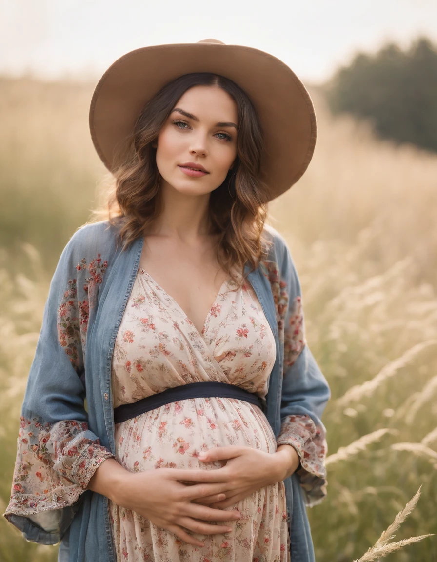 an up close photo of a pregnant woman dressed in bohemian-inspired fashion, wearing a flowy maxi dress with floral prints, layered with a denim jacket and accessorized with a floppy hat and vintage accessories. Her hair is styled in loose waves or natural curls. The setting is a sunlit park or meadow, with long grass and wildflowers,((short hair))