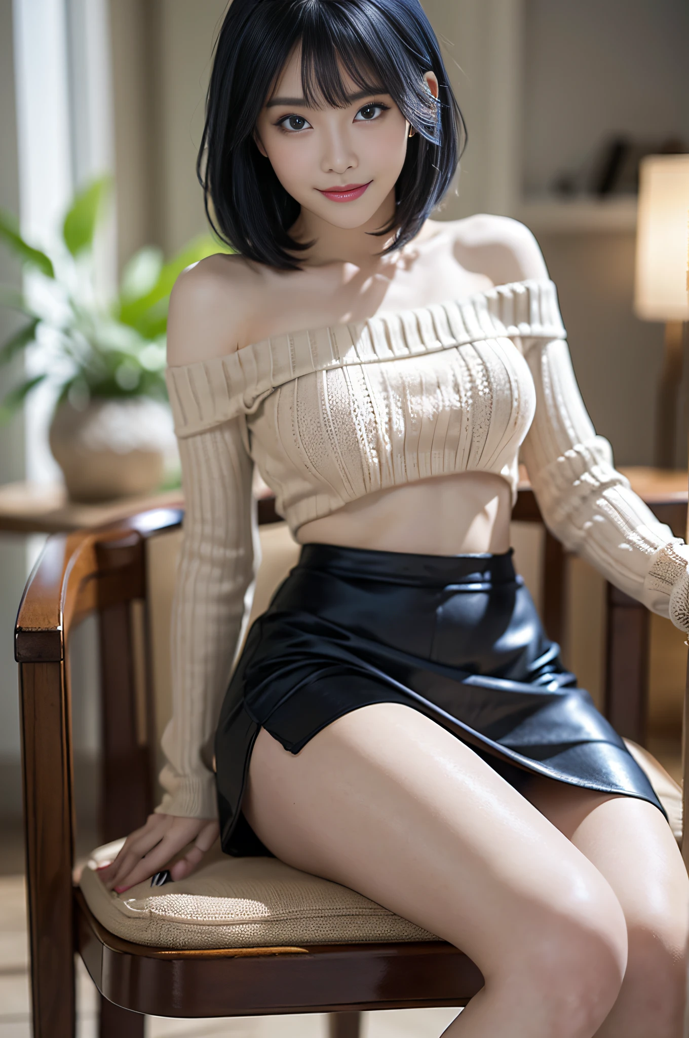 (sitting in the chair、Woman opening her legs)1 girl, (shorth hair、Blue bobbed hair),(( Bangs flutter around the eyebrows)), Blunt bangs, (Bob in Blue), aqua eyes, longeyelashes, )((blue eyess)), makeup, Smile, Parted lips, Realism, Verism, surrealism, depth of fields, One-person viewpoint, G Cup Big, 135 mm, canon, nffsw, retinas, masutepiece, ccurate, Anatomically correct, Textured skin, Super Detail, high details, High quality, Best Quality, hight resolution, 1080p, hard disk, 4K, 8K, ((blanche、Coarsely knitted short-length sweater))(Floats off the shoulders)((Black tight skirt))、(off shoulders)、)The navel is visible,(open one's legs)(Translucent pale pink panties)(No bra)、slightly chubby figure