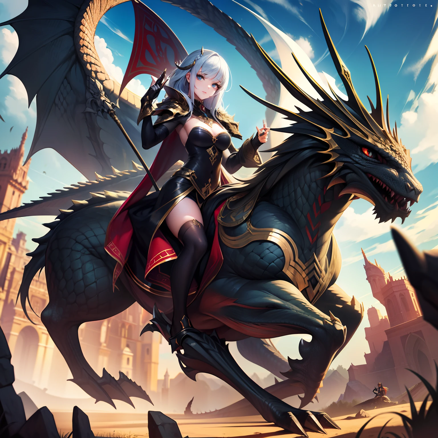 ((RAW photogr)), ((tmasterpiece)), absurderes, A high resolution, Ultra detailed, A beautiful girl rides on the back of a dragon，Exquisite facial features，pretty eyes