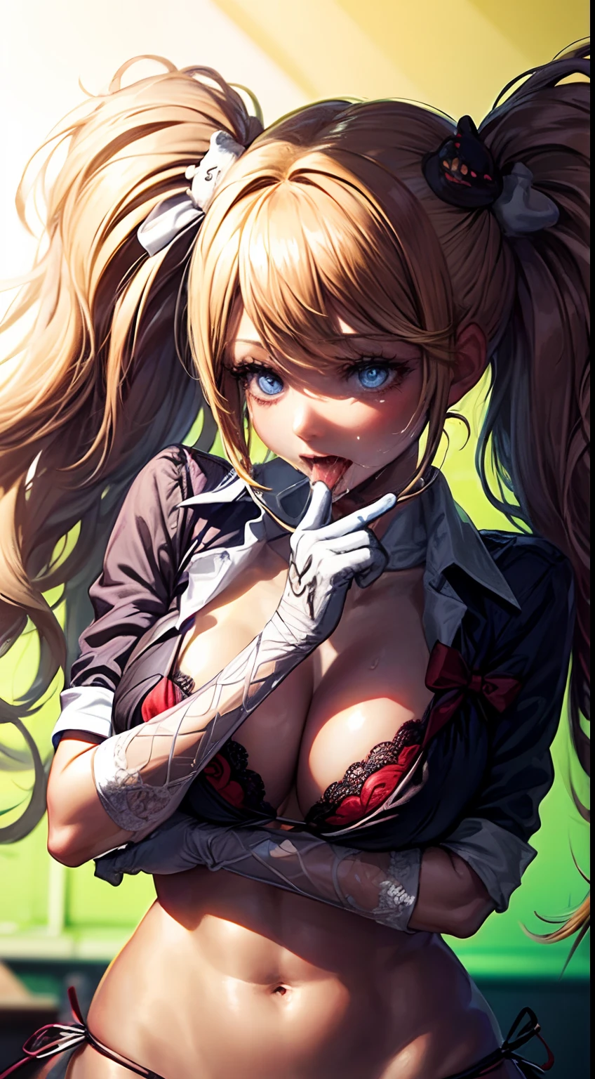 realisitic、top-quality、1girl in,Cat's ears, Twintails with brown hair, maid headband、Saliva、Heart shaped pupils, orgasm、Gold PVC Bikini ,Lace gloves ,Big breasts、all-fours