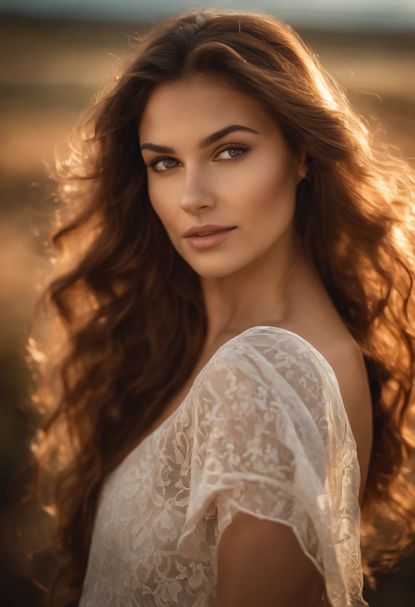 A woman with long brown hair and a white dress posing for a picture ...