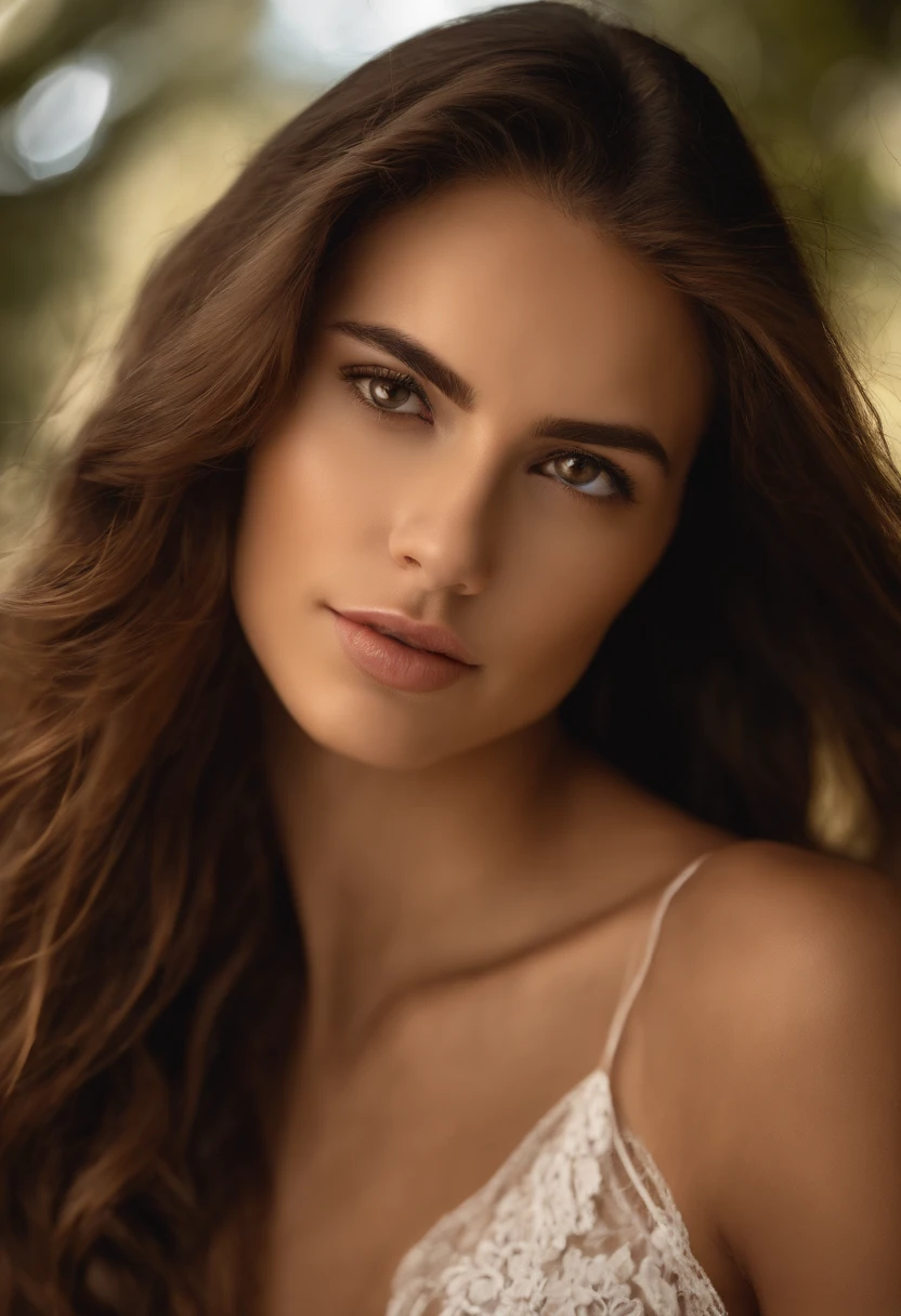 In a well-lit setting, a young woman with long, flowing brown hair strikes a pose for a photograph. Her confident and relaxed demeanor is accentuated by the natural sunlight that highlights the contours of her face. The woman's captivating gaze is directed towards the camera, drawing the viewer's attention towards her expressive eyes. Her hair cascades delicately down her shoulders, seemingly unaffected by the gentle breeze that lightly rustles its strands. The background of the image remains unfocused, allowing the viewer to focus solely on the woman and her striking presence. pussy spready wide, pussy pushed out, model accepting cock