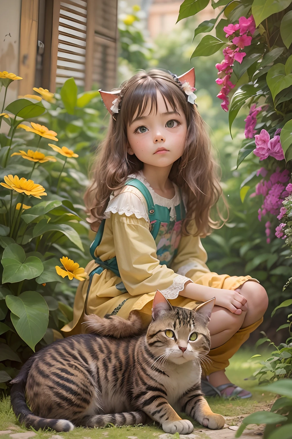 There is a girl sitting on the ground with a cat - SeaArt AI