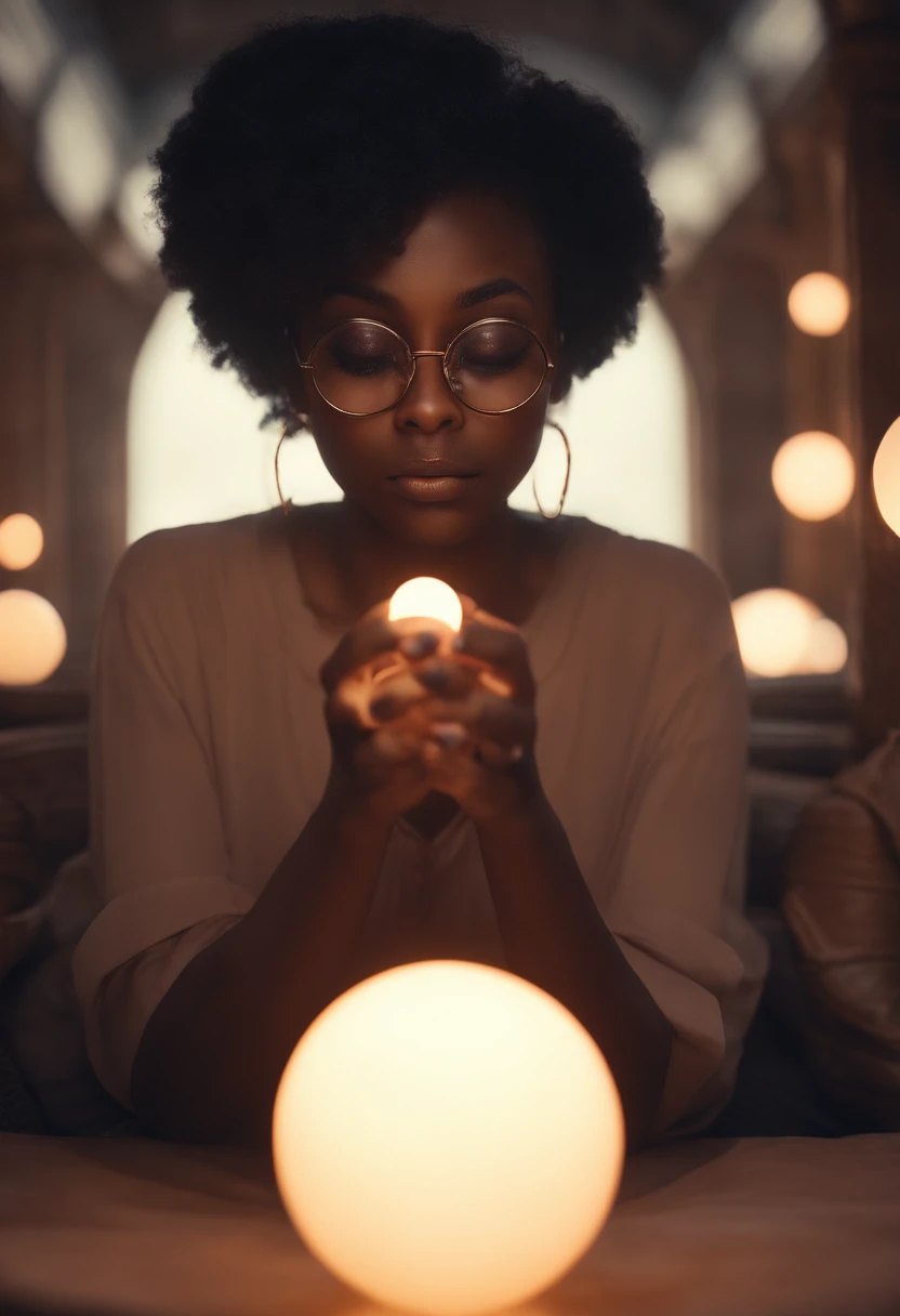 ((1girl)), anime, short dark hair, dark skin, shiny glasses lenses, mouth closed and expressionless, sitting, with her hands holding a glowing orb while two other glowing spheres orbit around her.
