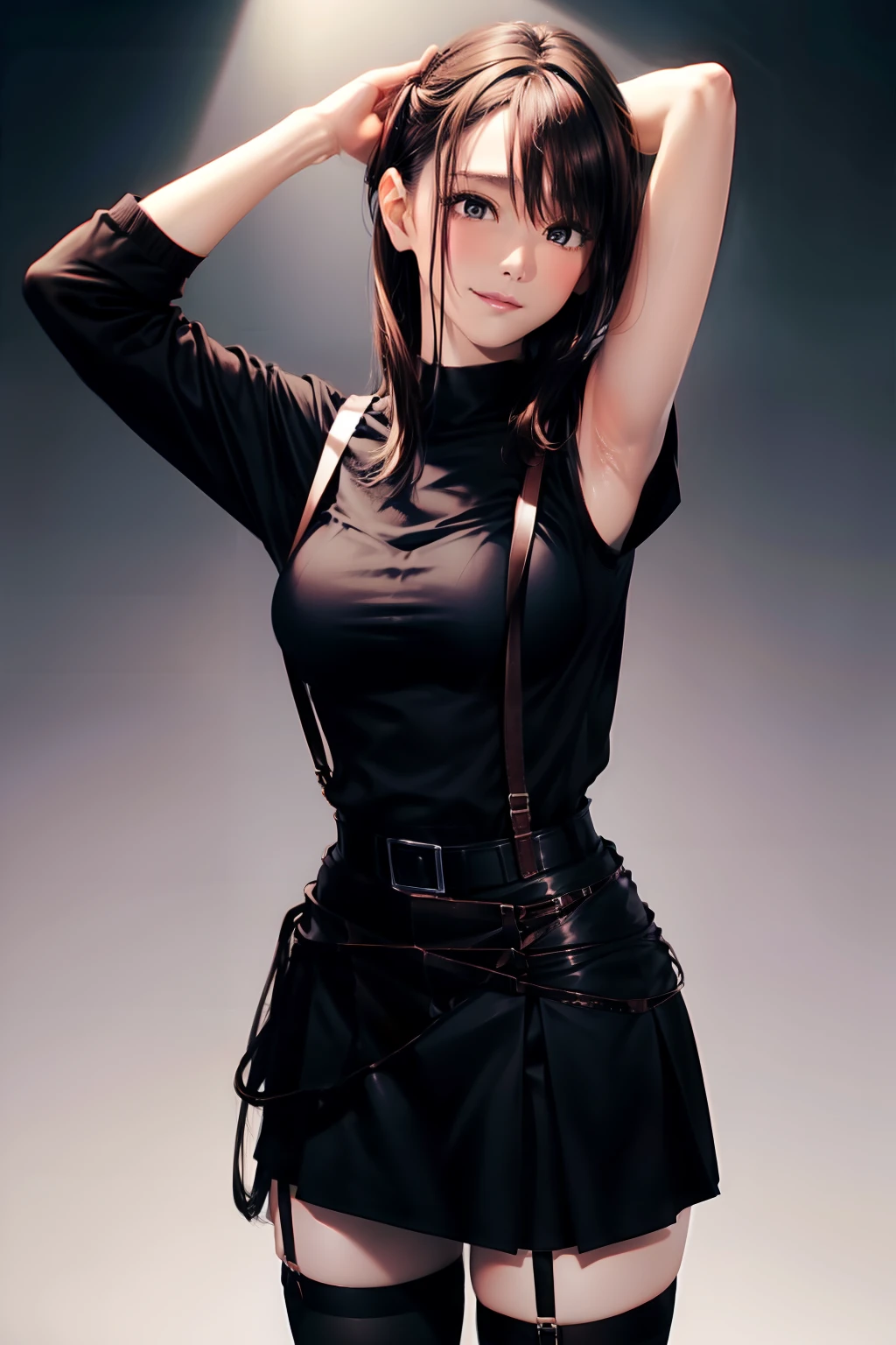 Black skirt, suspenders, Brown hair Gray eyes, Garter belt on the legs, Tight black clothes, a belt Armpit sweat Dark look Moderately breasts holster chain poneyTail