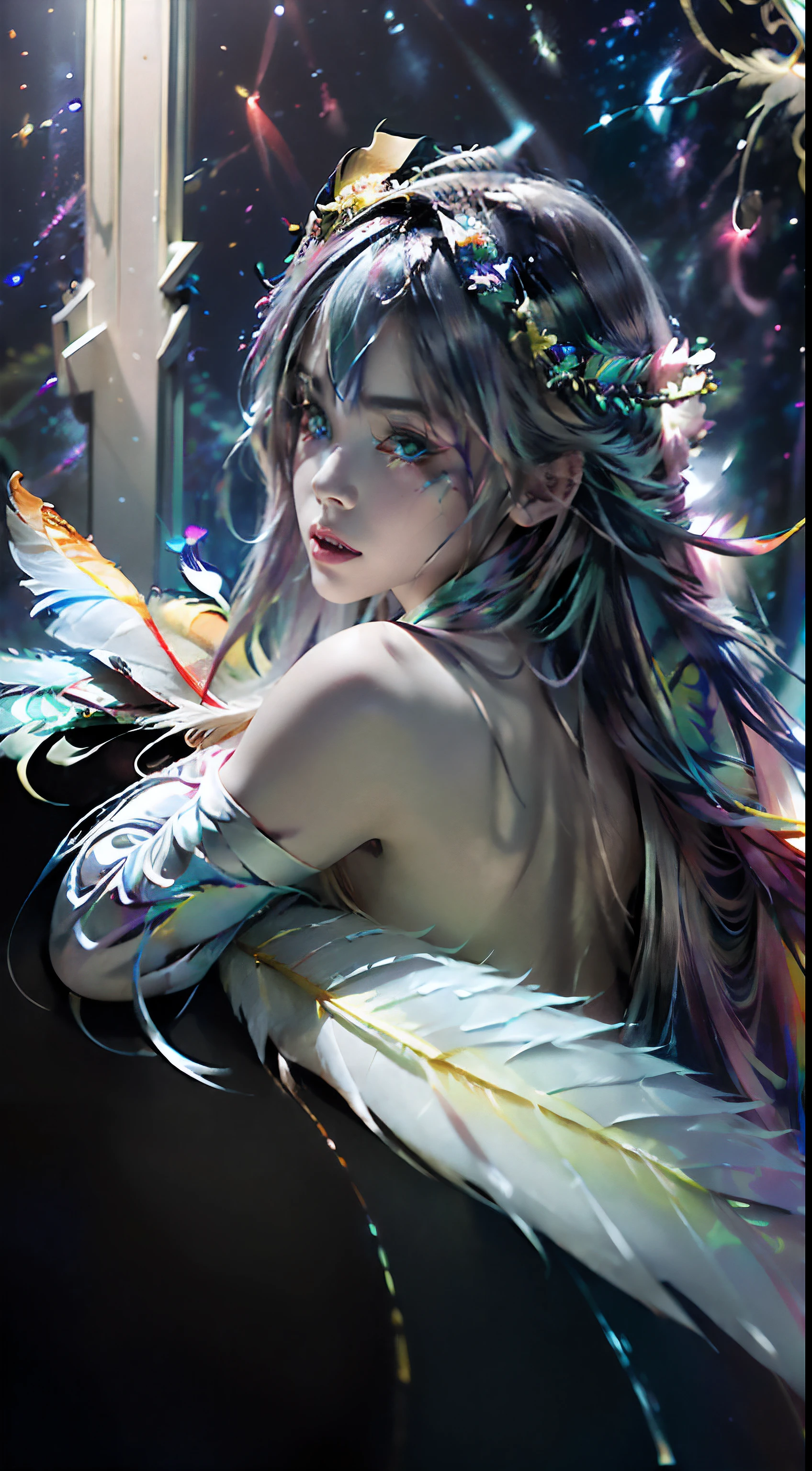 (paint effects:1.3), ((Lots of galaxies+Rainbow-colored feathers):1.3), (Mix rainbow colors), Flowing, (Melted, splashed ink) ([1 peacock:1loli:0.3]:1.2), Rainbow hair, Cute face, Upper body, Hair flowers, art-deco, (Heterochromatic:1.2), cleavage, (From the side Side:1.2) Irridescent color(Lots of feathers:1.3)