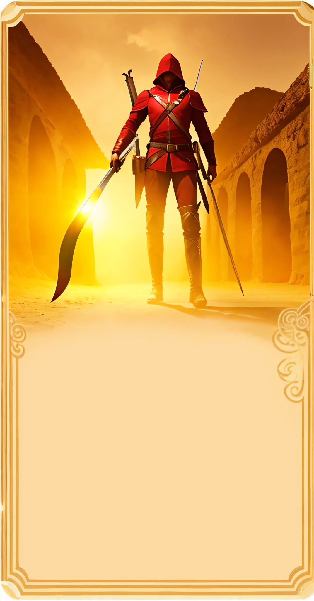 trocar a cor dourada por uma cor vermelha e trocar o personagem principal da imagem por uma arqueira.