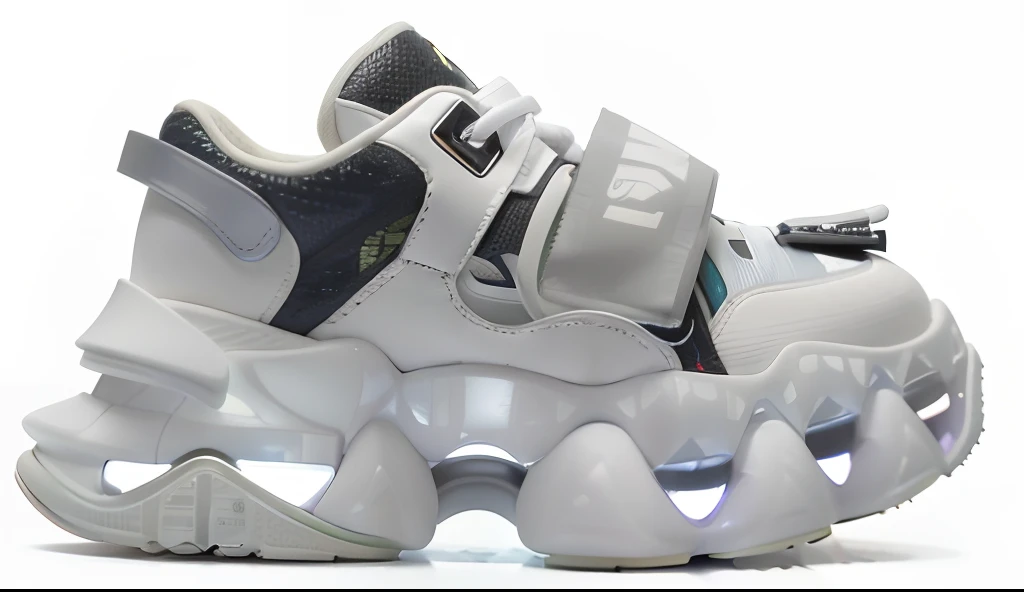 Close up of a pair of sneakers on white background, Futuristic Balenciaga sneakers, futuristic sneakers, inflatable future shoes, Y2K, y 2 k, platforms, y2k”, metallic reflective, white metallic, woo kim, SFW version, ambient occlusion render, 40k, reflective metallic, 4 0 k