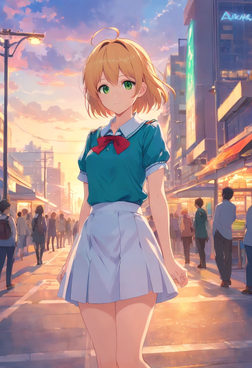 alice margatroid,red hairband,Sweet and cute, largeeyes,Lori huge breasts cleavage,emaciated,white shirt,short plaid skirt,is shy,with a park in the background, Long bright blonde hair,Flat breasts,Green,The eyes have love