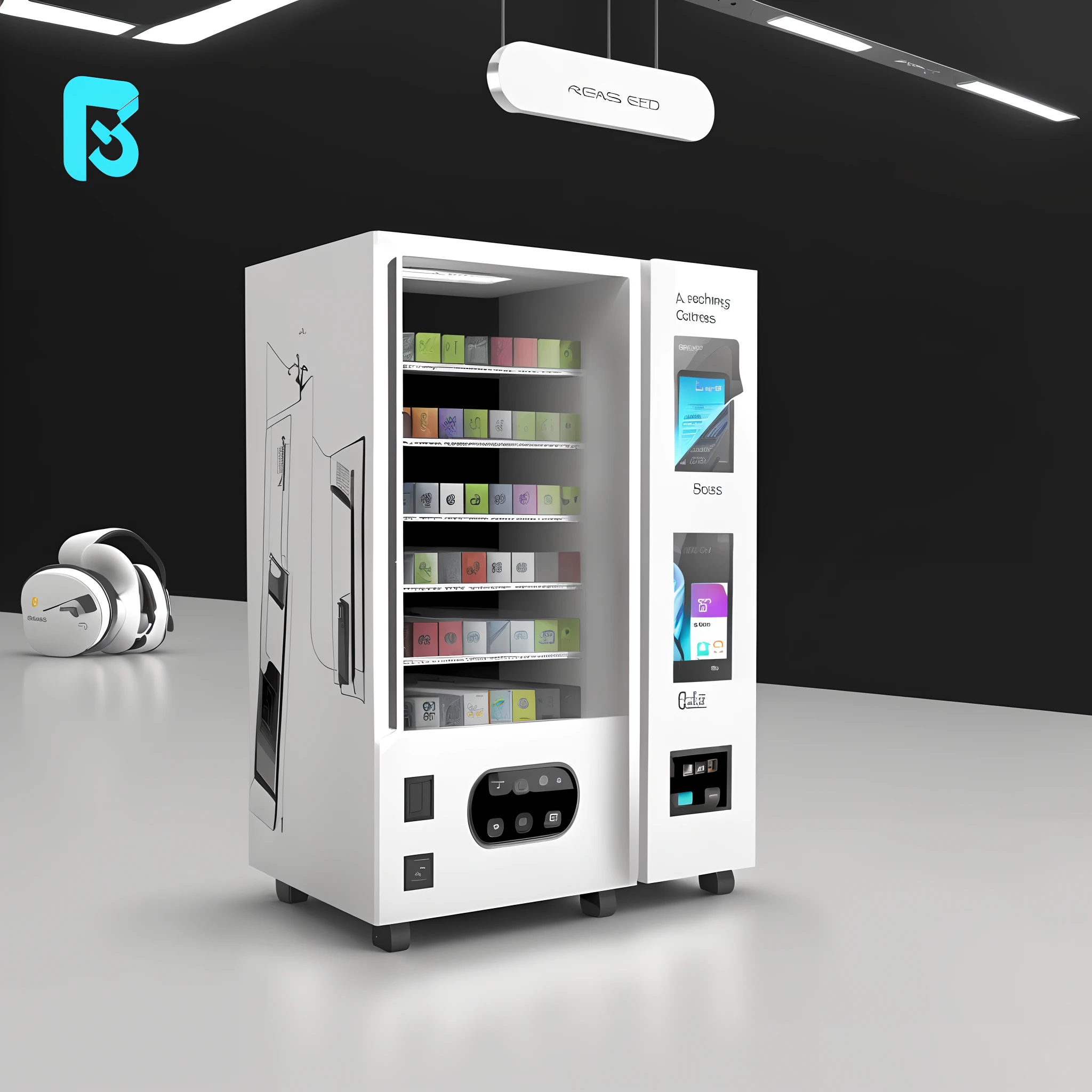 Wired headphones,charger,and other mobile phone accessory elements,or vending machines related to the sale of mobile phone supplies, Accessories, etc, The panel is centered, Official product image,The upper large screen is the advertising screen,The small place that protrudes from the front is the card machine,The body is simple,Literary style design,Reasonable elements with Christmas elements appear on the body, Such as Bluetooth headsets , Other elements,Concise elements,Elements such as the sense of design can also be a little more and so on,The full color is predominantly white and dark blue,The color distribution can be 50 each%The elements are more diverse,The whole may take a little time,Can be more calm and technological little by little
