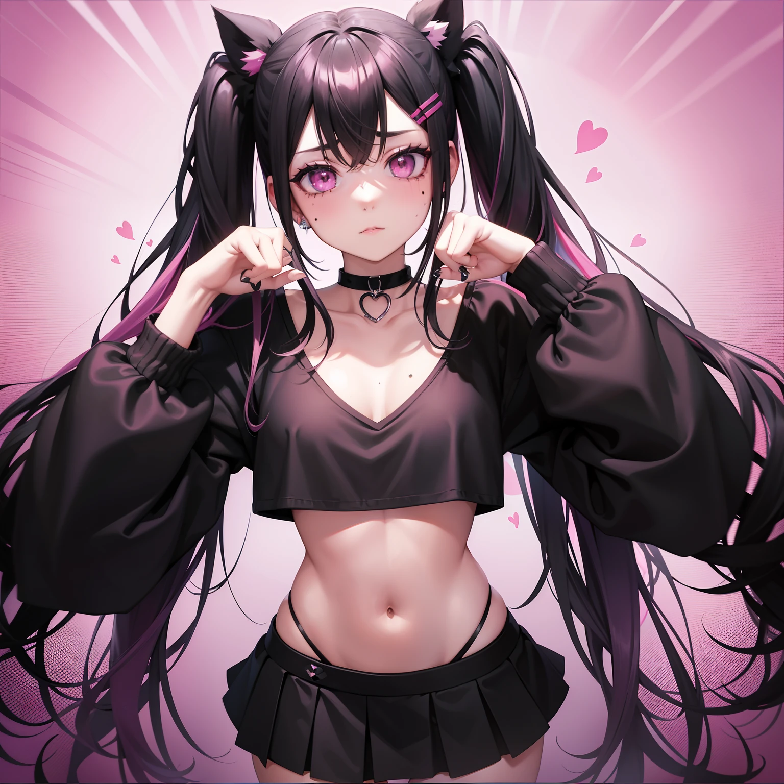 Leader of Runaway Bad Girl, Long Black Jumper, a cool、Pink mini skirt, Hair is pink long hair twin tails, Looking at the viewer, Front view,独奏、Moles under the eyes、Heart-shaped choker