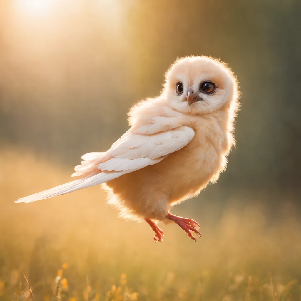A cute flying creature,soft feathers,floating in the sky, playfully chasing its shadow,with big round eyes,small beak,silky fur,graceful wings,playful movement,fluffy tail,delicate paws,sunny backdrop,golden light,joyful expression, vibrant colors,adorable features,whimsical artwork. (best quality,ultra-detailed,realistic:1.37),oil painting,impressionist style,pastel colors,warm tones,subtle lighting.