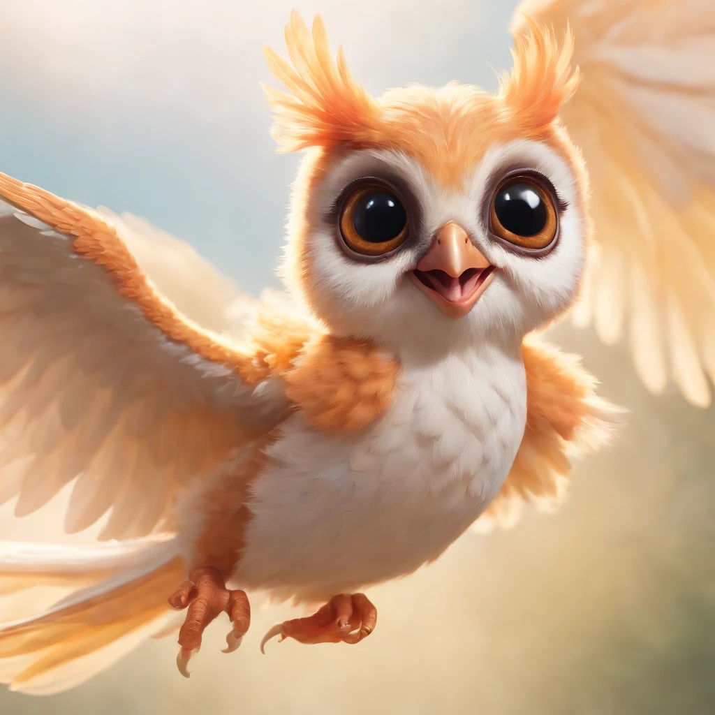 A cute flying creature,soft feathers,floating in the sky, playfully chasing its shadow,with big round eyes,small beak,silky fur,graceful wings,playful movement,fluffy tail,delicate paws,sunny backdrop,golden light,joyful expression, vibrant colors,adorable features,whimsical artwork. (best quality,ultra-detailed,realistic:1.37),oil painting,impressionist style,pastel colors,warm tones,subtle lighting.