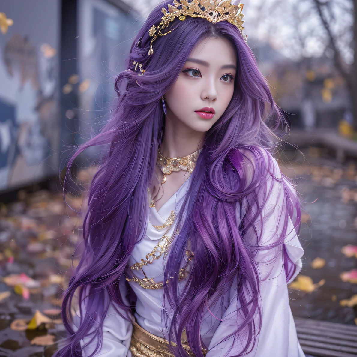 Genki Girl 32K(tmasterpiece,k hd,hyper HD,32K)Long flowing bright purple hair,Autumn Pond,zydink, a color, Asian people (Genki girl), (Silk scarf), Combat posture, looking at the ground, long whitr hair, Floating bright purple, Fire cloud pattern gold tiara, Chinese long-sleeved gold silk garment, (Abstract metaverse splash:1.2), white backgrounid,Lotus vitality protector(realisticlying:1.4),Bright purple hair,Smoke on the road,The background is pure, A high resolution, the detail, RAW photogr, Sharp Re, Nikon D850 Film Stock Photo by Jefferies Lee 4 Kodak Portra 400 Camera F1.6 shots, Rich colors, ultra-realistic vivid textures, Dramatic lighting, Unreal Engine Art Station Trend, cinestir 800,A girl with long flowing bright purple hair